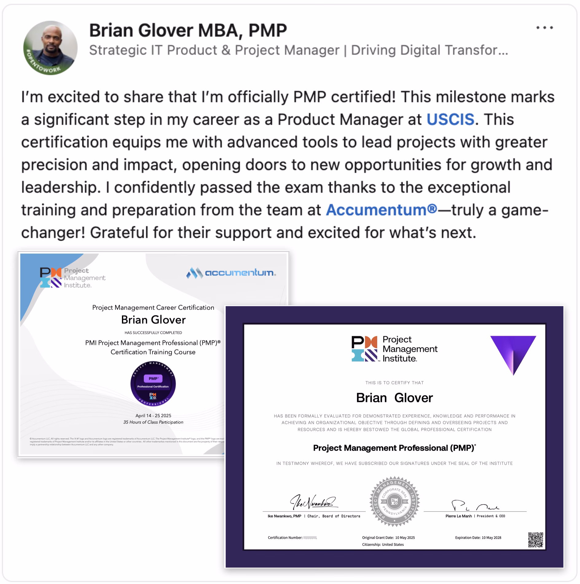 Client Endorsement of Accumentum Project Management Professional Certification Training